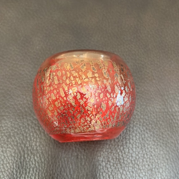 Murano Glass Orange Tea Light Candle Holder with Gold Fleck Accents - Picture 4 of 7